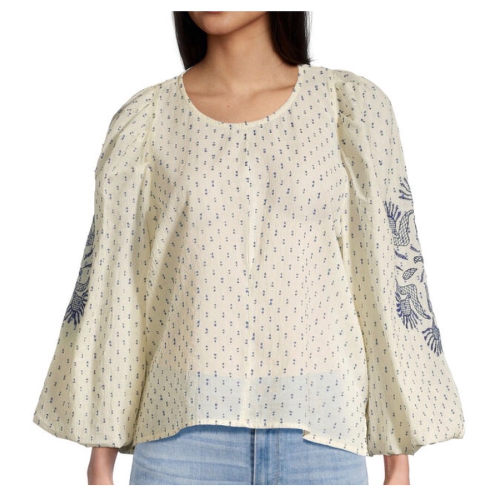 New World Market Top Womens L/ XL Cream Cotton Embroidered Poetcore Cottagecore